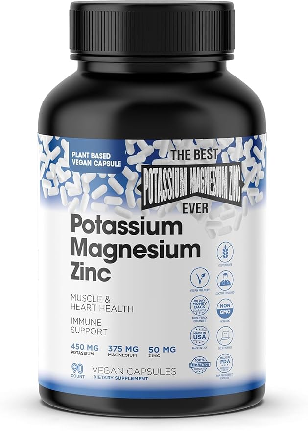 Magnesium Potassium Supplements w/Zinc - 90 Capsules - Magnesium Potassium Zinc for Vascular Health – High Absorption Vegan Potassium Magnesium Supplement for Leg Cramps & Sleep