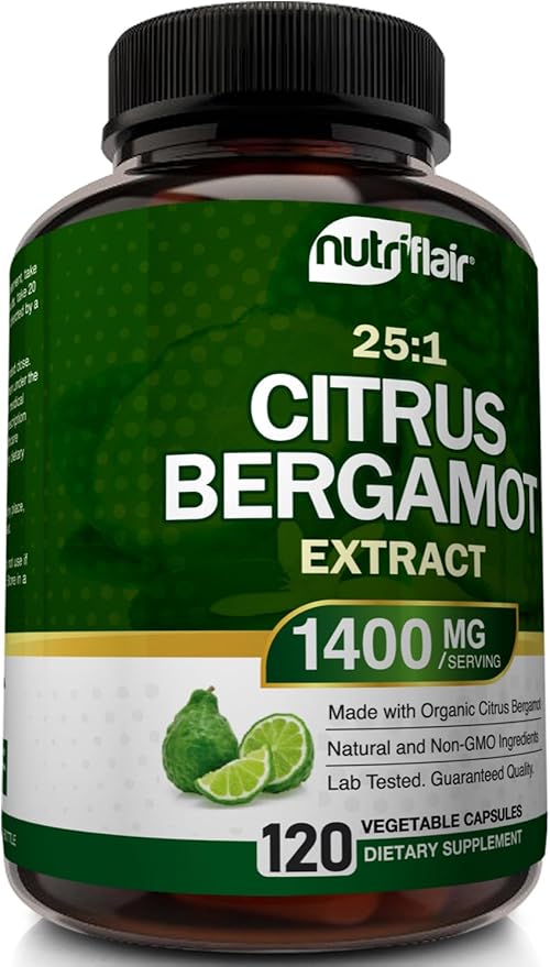 NutriFlair Organic Citrus Bergamot 1400mg, 120 Capsules - 25:1 Citrus Bergamia - Essential Oil and Citrus Bioflavonoids - Natural Heart Health Supplements for Women and Men - Non-GMO Pills