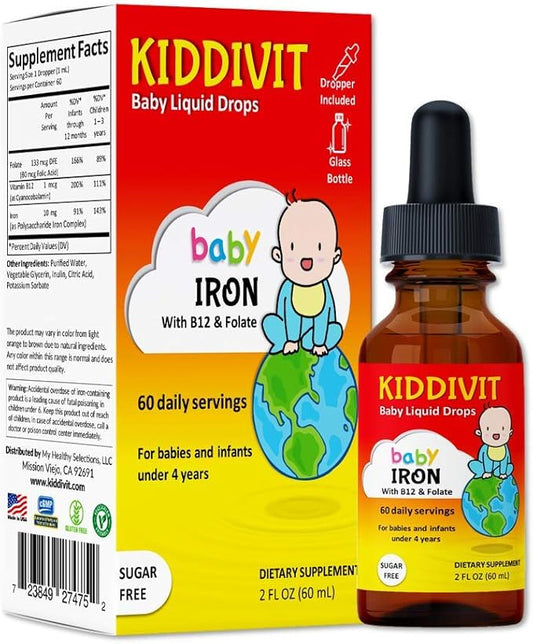 Kiddivit Baby Iron Liquid Drops with Vitamin B12 & Folate - 60 Daily Servings, 2 Fl Oz (60 mL) - Inulin Fortified (Prebiotic, Dietary Fiber) - Sugar Free, Gluten Free, Vegetarian Friendly