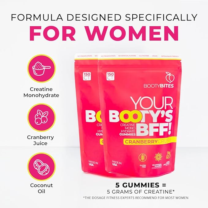 Creatine Gummies for Women, 5g - Creatine Monohydrate for Women - Workout Recovery, Muscle Toner, Boost Energy - Booty Gummies - Gluten Free, Vegan Creatine Chews Gummy, Cranberry Flavor (300)