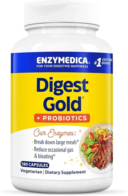 Enzymedica Digest Gold + Probiotics, 2-in-1 Formula for Gut Health, Digestive Enzymes & 1.5 Billion Active Probiotic Cultures, 180 Count