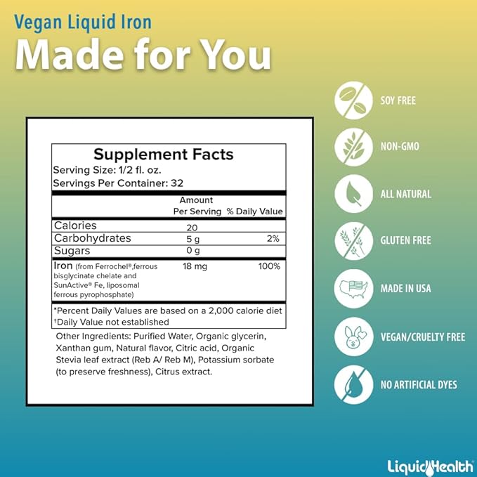 LIQUIDHEALTH Vegan Liquid Iron Supplement with SunActive & Ferrochel Fe - Natural Energy, Immune System & Metabolic Support, Better Focus, Prenatal/Postnatal - Non-GMO, Sugar Free (2 Pack)