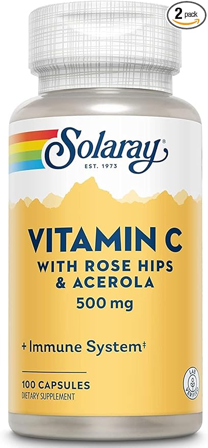 SOLARAY C w/Rose HIPS & Acerola, Capsule (Btl-Plastic) 500mg | 100 Count | Pack of 2
