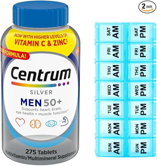 WW Centrum Silver Men's Multivitamin for Men 50 Plus 275 Tablets, Multivitamin/Multimineral Supplement with Vitamin D3, B Vitamins + 7-Day Travel Pill Organizer
