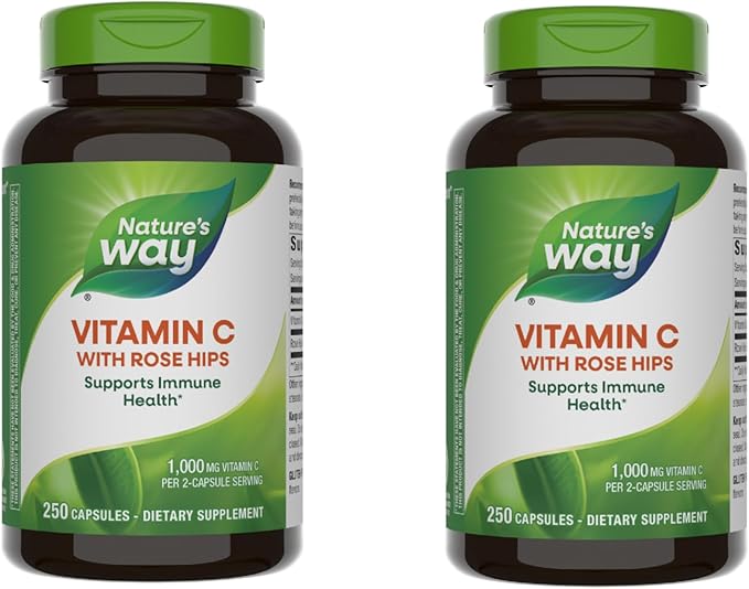 Nature's Way Vitamin C with Rose Hips, Powerful Antioxidant & Immune Function Support from Vitamin C*, Promotes Collagen for Healthy Skin*, 1,000 mg Vitamin C per 2-Capsule Serving, 250 Capsules