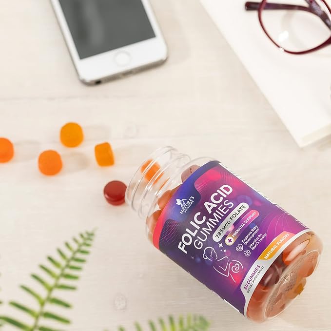 Folic Acid Gummies for Women 785 mcg, Essential Prenatal Vitamins for Mom & Baby, Vegan Folic Supplement Gummy, Vitamin B9 Chewable Extra Strength Folate, Before During After Pregnancy - 60 Gummies
