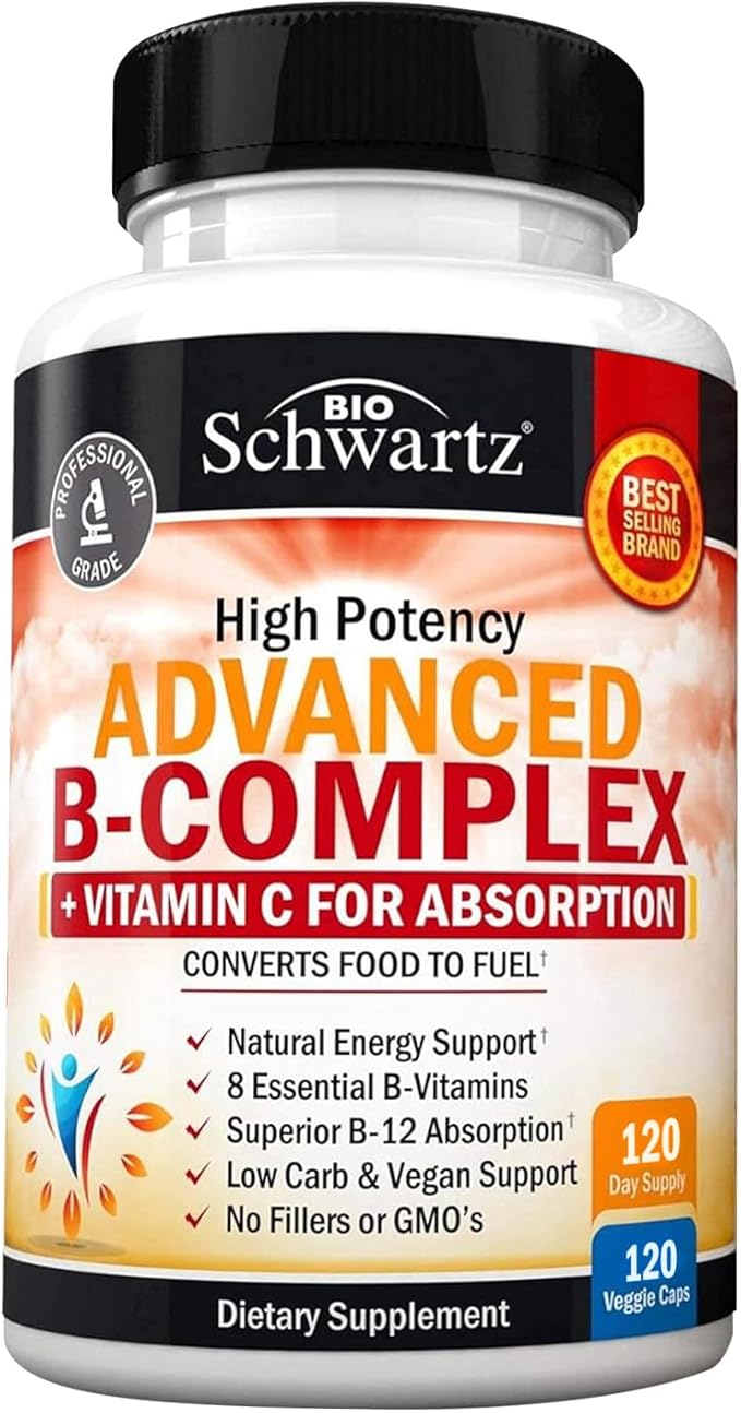 Vitamin B Complex with Vitamin C for Maximum Absorption - Methylcobalamin b12 & Folate Folic Acid Supplement - Vitamins B1 B2 B3 B5 B6 B7 B9 for Immune Energy & Nervous System Support - Non-GMO 120ct