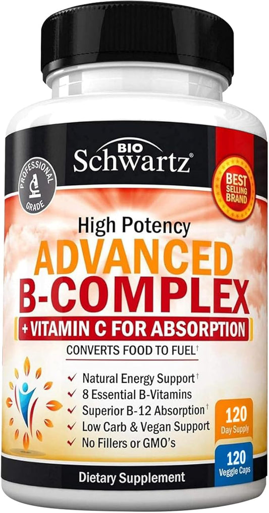 Vitamin B Complex with Vitamin C for Maximum Absorption - Methylcobalamin b12 & Folate Folic Acid Supplement - Vitamins B1 B2 B3 B5 B6 B7 B9 for Immune Energy & Nervous System Support - Non-GMO 120ct