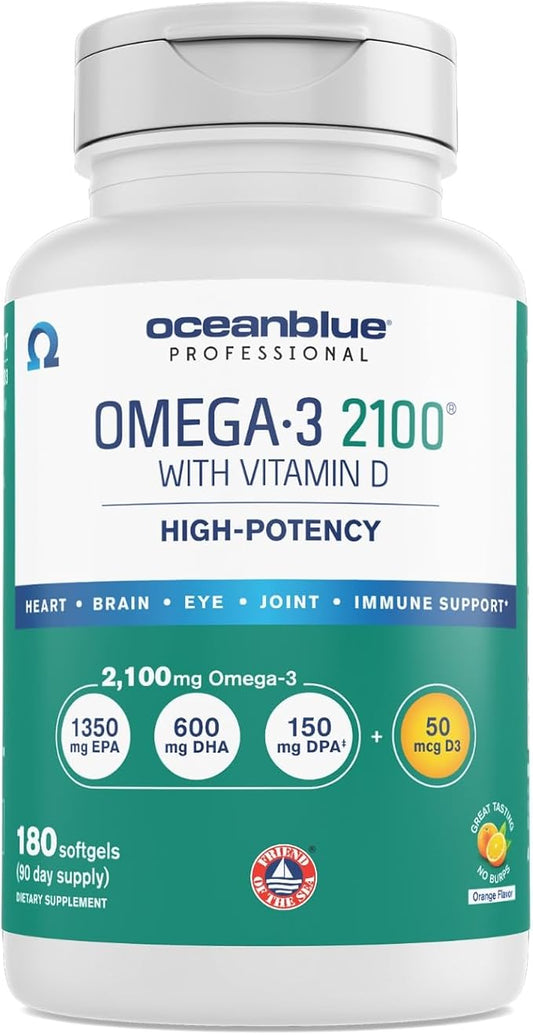 Oceanblue Professional Omega-3 2100 – 180 ct – Triple Strength Burpless Fish Oil Supplement with High-Potency EPA, DHA, DPA and Vitamin D3 – Wild-Caught – Vanilla Flavor (90 Servings)