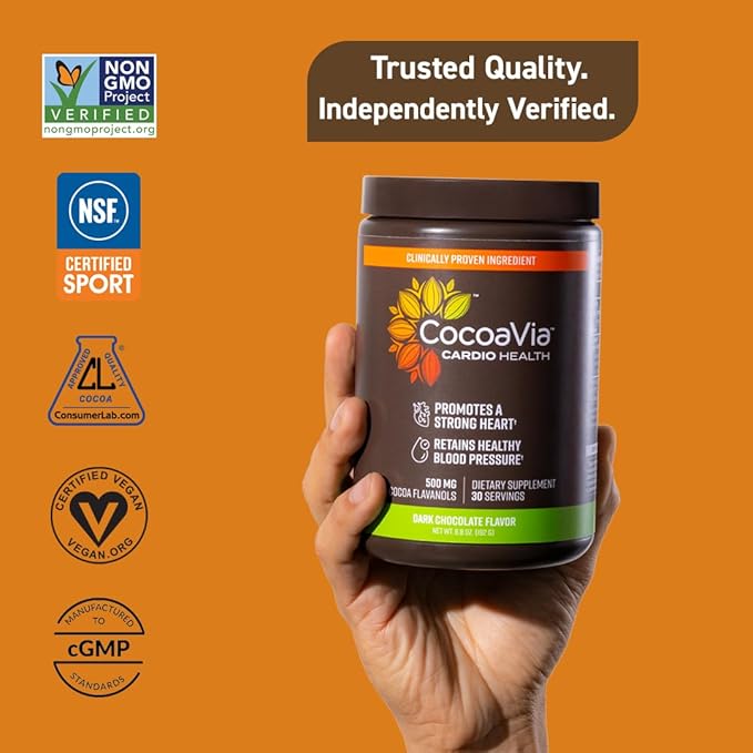 CocoaVia Cardio Health Cocoa Powder, 60 Servings, 500mg Cocoa Flavanols, Support Heart Health, Boost Nitric Oxide, Improve Circulation, Energy, Preworkout, Vegan, Dark Chocolate Cacao