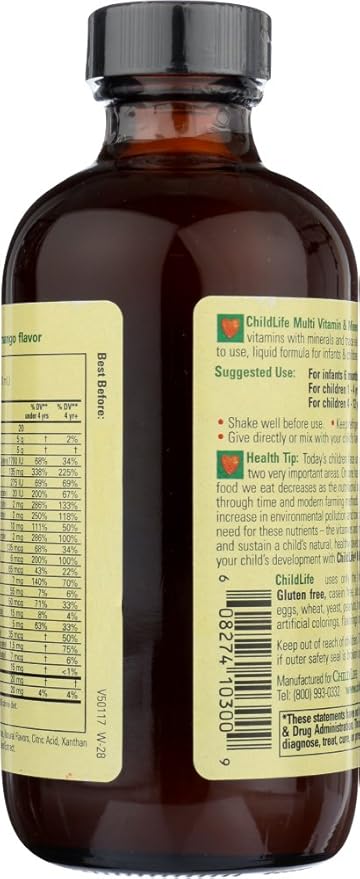 CHILDLIFE ESSENTIALS, Kids Liquid Multivitamin and Mineral Supplement - Liquid Vitamins for Kids, All-Natural, Gluten-Free, Non-GMO - Natural Orange & Mango Flavor, 8 Ounce Bottle (Pack of 2)
