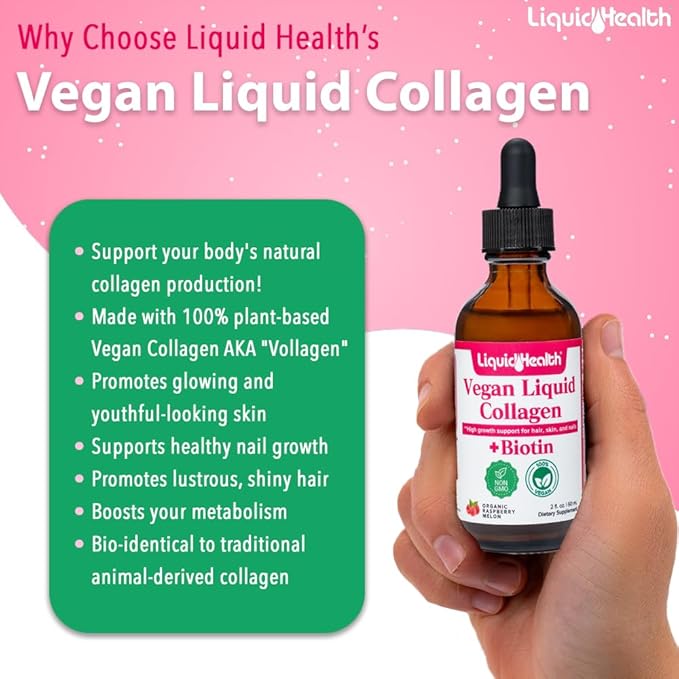 LIQUIDHEALTH 100% Vegan Collagen Plus Biotin 100,000mcg Liquid Drops - Plant-Based Liquid Collagen for Women, Men - Hair & Nail Growth, Skin Health, Boosts Metabolism - Non-GMO, Sugar Free (2 oz)