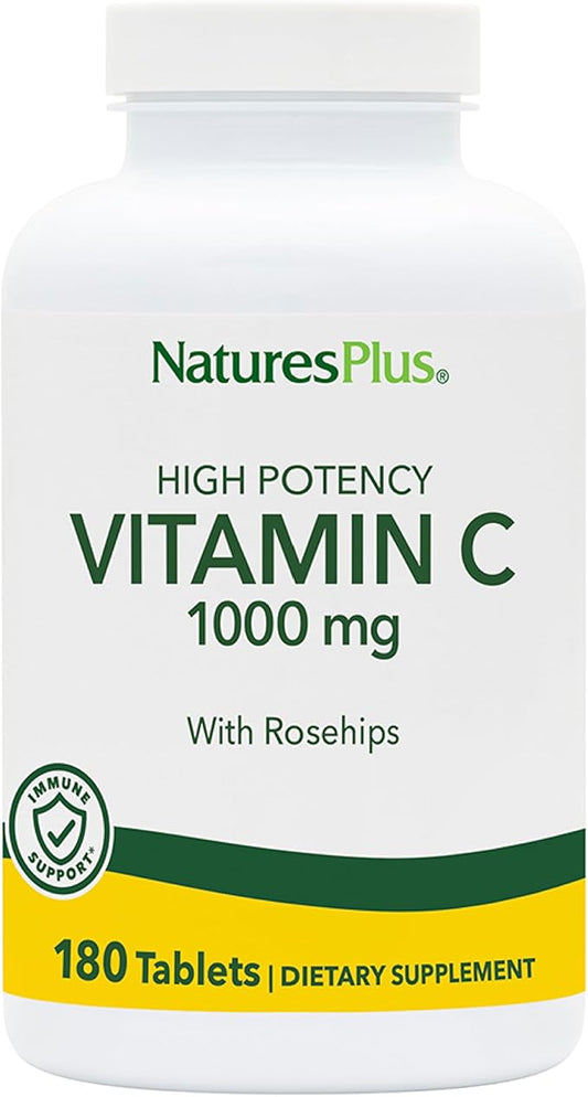 Natures Plus Vitamin C with Rose HIPS - 1000 mg Ascorbic Acid, 180 Vegetarian Tablets - Gluten-Free - 180 Servings