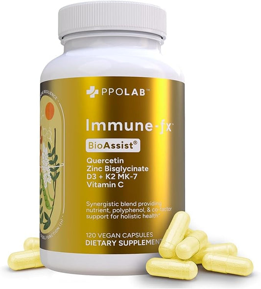 Immune-fx™ Advanced Daily Chelated Zinc Ionophore Immune Support Supplement with Quercetin 500mg Bioflavonoid, Antioxidant Vitamin C, D3, K2, DNA Heart Lung Aid, Clean Certified® 120 Vegan Capsules