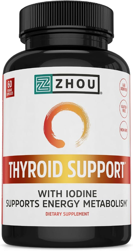 Zhou Thyroid Support Complex with Iodine Supplement, Increase Energy, Fight Brain Fog with Vitamin B12, Iodine, Magnesium, Zinc, Selenium, No Soy, Gluten-Free, 30 Servings, 60 Caps