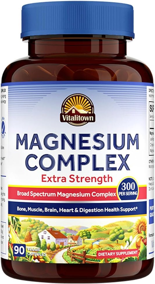 Vitalitown Magnesium Complex Supplement | 300mg Elemental Magnesium | Magnesium Citrate Glycinate Taurate Malate | Non-GMO, No Gluten, 90 Vegan Magnesium Capsules for Bone Muscle Brain Heart