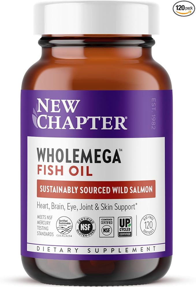 New Chapter Wholemega Fish Oil Supplement - Wild Alaskan Salmon Oil with Omega-3 + Vitamin D3 + Astaxanthin + Sustainably Caught - 120 ct, 1000mg Softgels