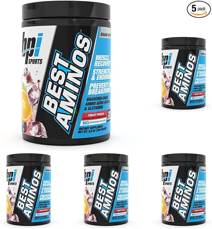 BPI Sports Best Aminos - BCAA Powder Post Workout & Glutamine Recovery Drink with Branched Chain Amino Acids for Hydration & Recovery, for Men & Women - Fruit Punch - 25 Servings (Pack of 5)