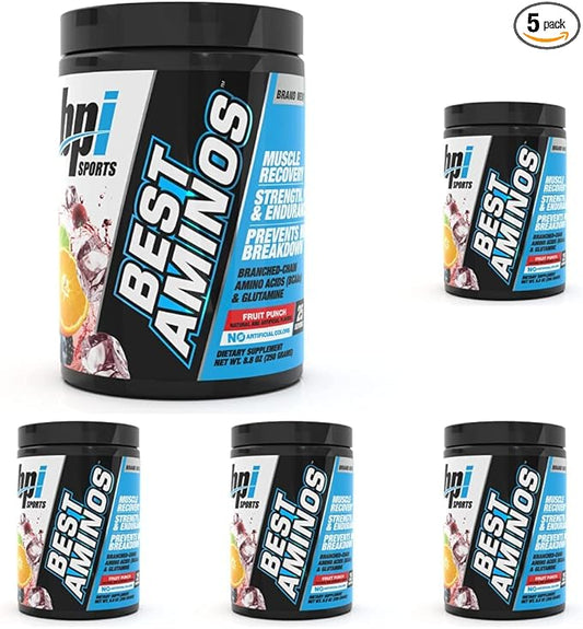 BPI Sports Best Aminos - BCAA Powder Post Workout & Glutamine Recovery Drink with Branched Chain Amino Acids for Hydration & Recovery, for Men & Women - Fruit Punch - 25 Servings (Pack of 5)