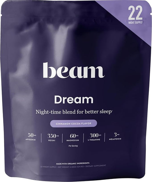 Beam Dream Sleep Powder, Sleep Aid, Sleep Aids for Adults, Contains Magnesium, Melatonin, L Theanine, Apigenin, Natural Sleep Supplement, Vegan, Non GMO, Dairy Free, 3rd Party Tested, 22 Servings