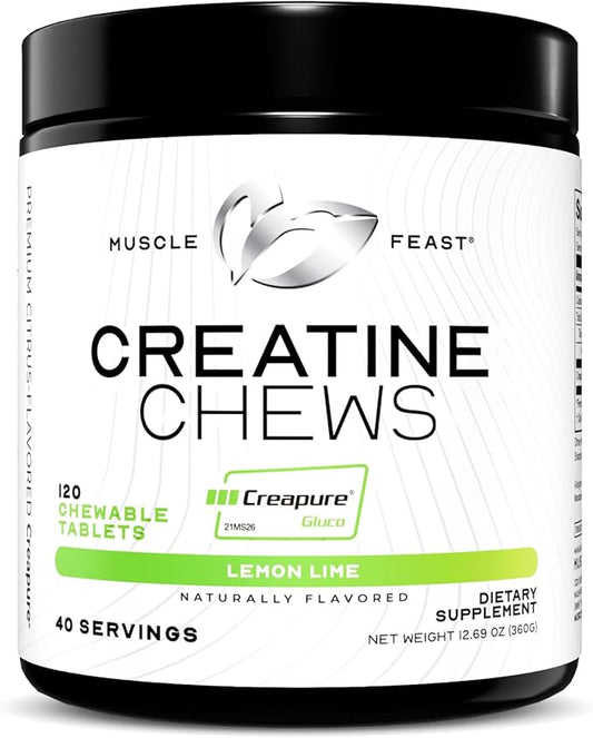 Muscle Feast Vegan Creatine Monohydrate, Gluten-Free Creapure Chews, Lemon Lime, 120 Tabs