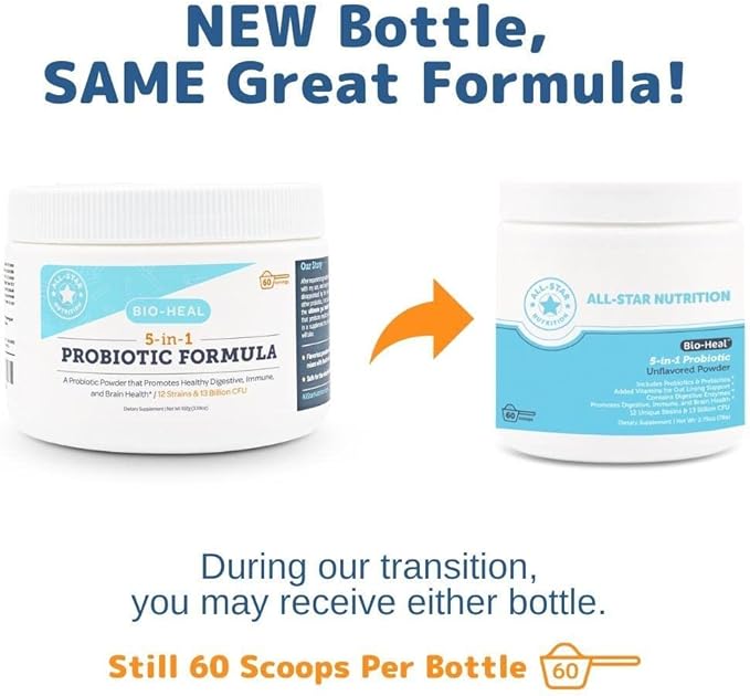 5-in-1 Bio-Heal® Probiotic for Kid, Men & Women (Powder) - Best Supplement for Brain Function, Gut Health & Constipation - Shelf Stable & Fortified with Vitamins, Minerals & Prebiotics