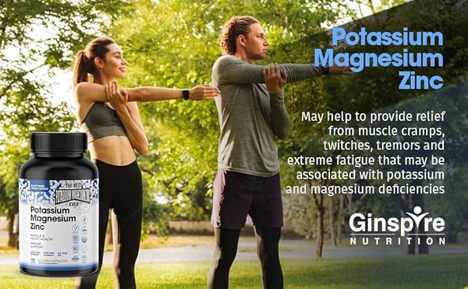 Magnesium Potassium Supplements w/Zinc - 90 Capsules - Magnesium Potassium Zinc for Vascular Health – High Absorption Vegan Potassium Magnesium Supplement for Leg Cramps & Sleep