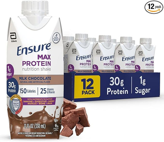 Ensure Max Protein Shake | Milk Chocolate | Ready to Drink | 30g Protein for Muscle Building | 1g Sugar, 4g Fiber | 11 fl oz - 12 Pack