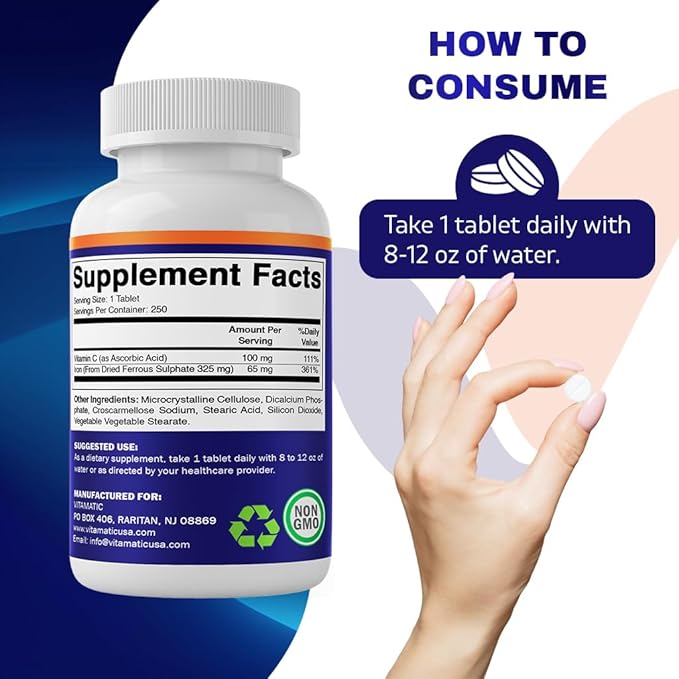 Vitamatic Ferrous Sulphate 325 mg + Vitamin C 100 mg - (65 mg Elemental Iron) High Potency Iron Supplement | No Artificial Color Additives - 250 Coated Tablets - Made in USA