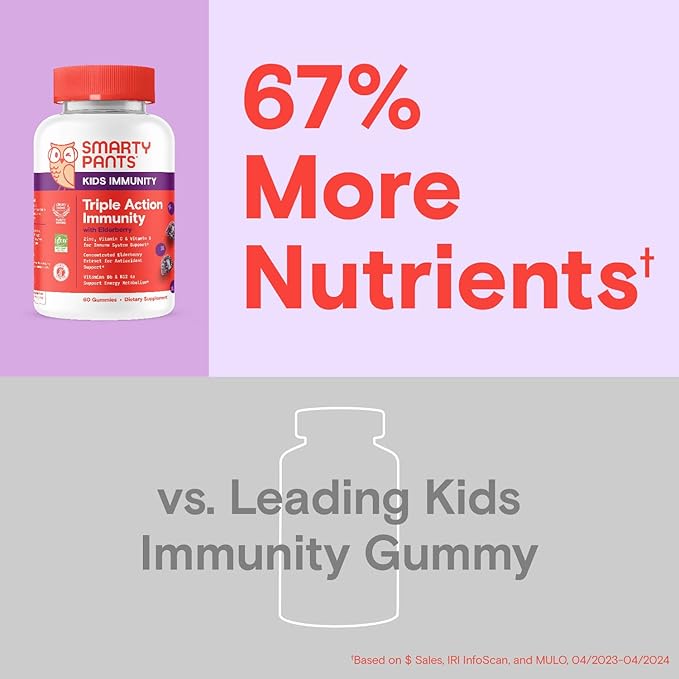 SmartyPants Kids Immunity Elderberry Gummies: Kids Immune Support Supplement, Vitamin C, Vitamin D, Vitamins B6 & B12 and Zinc, Gluten Free, Elderberry Flavor, 60 Count (30 Day Supply)