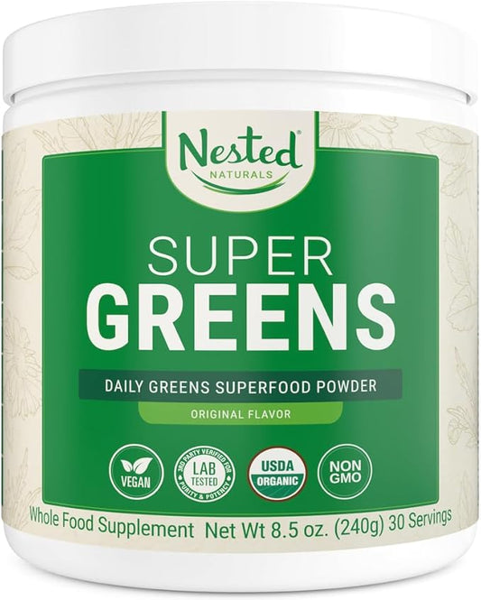 Super Greens Daily Greens Superfood Powder - Certified USDA Organic Green Powder w/20+ Whole Foods, Spirulina Powder, Wheat & Barley Grass - Probiotics, Fiber & Enzymes - Original Flavour, 30 Servings