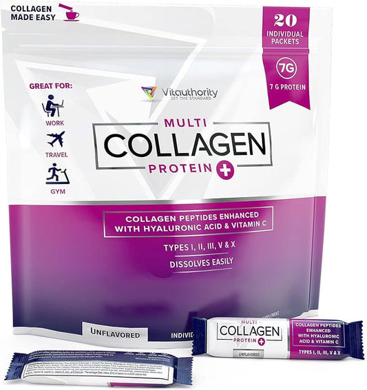Multi Collagen Peptides Plus Hyaluronic Acid and Vitamin C Hydrolyzed Collagen Proteins Types I II III V and X 20 Unflavored Stick Packs