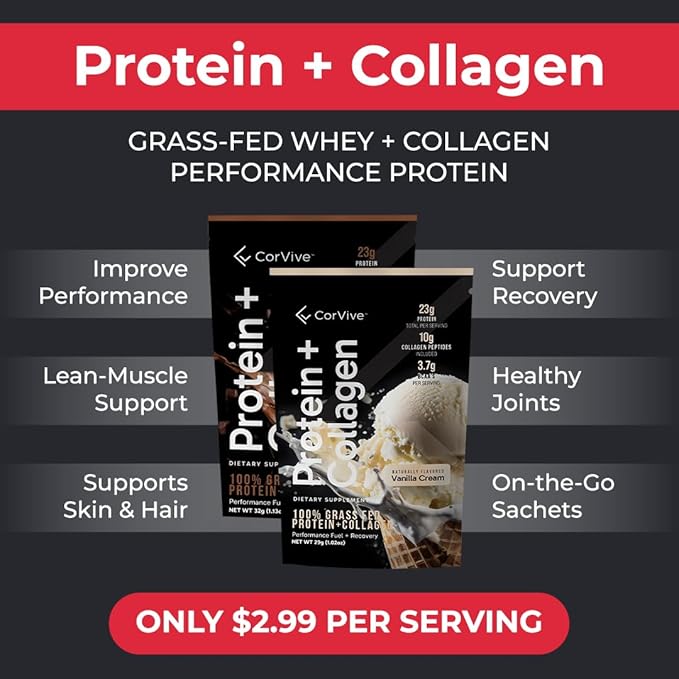 Protein + Collagen Powder | 23g Protein (Grass-Fed Whey + Collagen) | 3.7g BCAAs | Supports Muscle & Joint Health | Gluten & Soy Free | No Artificial Ingredients | 15 Sachets - Chocolate