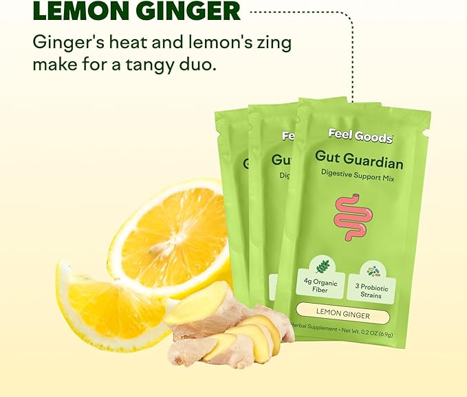 Feel Goods Gut Guardian, Prebiotic & Probiotic Powder, Sugar Free, Organic Fiber, Organic Herbs for Bloat, Gut Health Support, Digestive Health for Men & Women, Non GMO, Vegan | Lemon Ginger, 15 Count