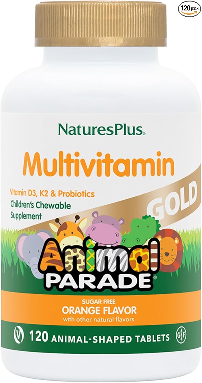 Natures Plus Animal Parade Source of Life Gold Children's Multivitamin - Orange Flavor - 120 Chewable Animal Shaped Tablets - Immune Support Supplement - Gluten-Free - 60 Servings