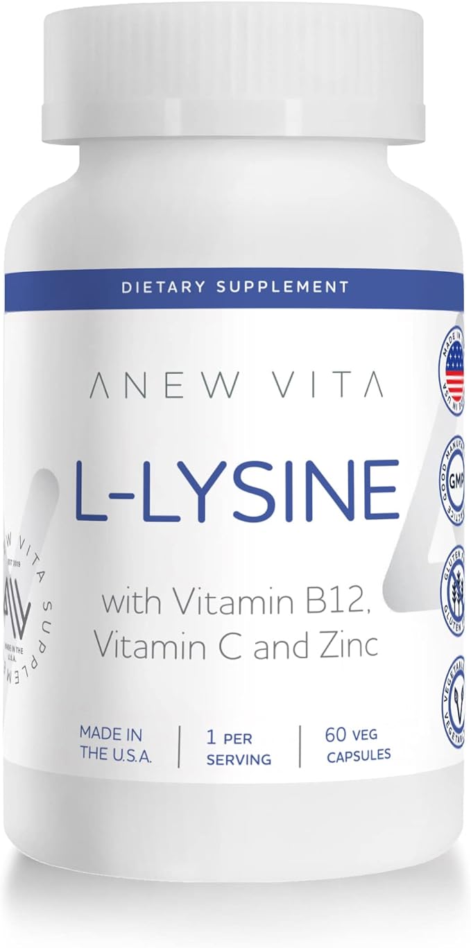 L-Lysine Supplement with Vitamin B12 + C + Zinc for Lip, Mouth, and Oral Tissue Health - Enhanced Wellness Support - Non-GMO, Gluten-Free - Made in USA - 60 Vegetable Capsules, 500mg