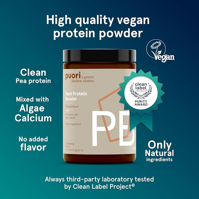 Puori Vegan Plant Protein Enhancer Powder - 25 Servings - Neutral Flavor Pea Protein with Algae Calcium for Essential Amino Acids - Dairy-Free, Vegetarian, Non GMO