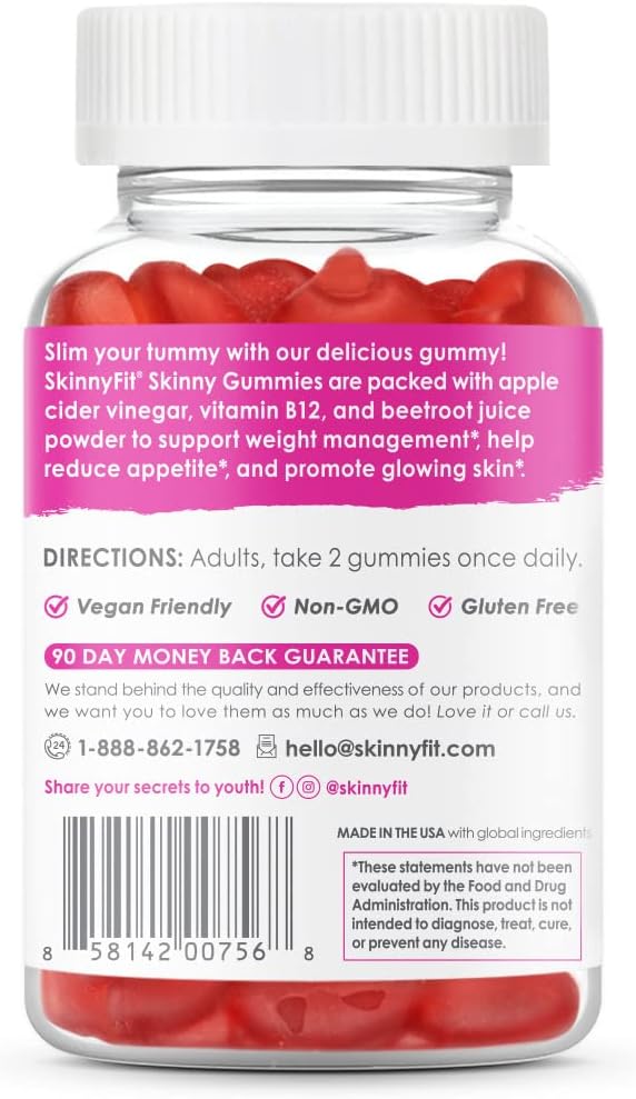 SkinnyFit Skinny Gummies Apple Cider Vinegar Gummies w/ The Mother, Healthy Weight, Immune Support, Vitamin B9, B12, Beetroot, Pomegranate, Vegan-Friendly, 60 Count