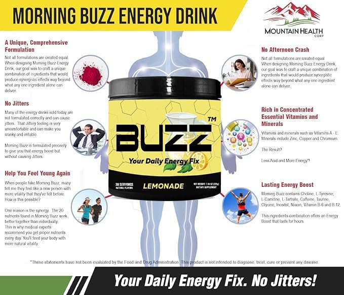 Morning Buzz Energy Drink Powder - Energy Boost Energy Drink - Sugar-Free Energy with Antioxidants - Morning Kick and Sports Nutrition Endurance Product - 30 Servings, Lemonade, 8 Ounces