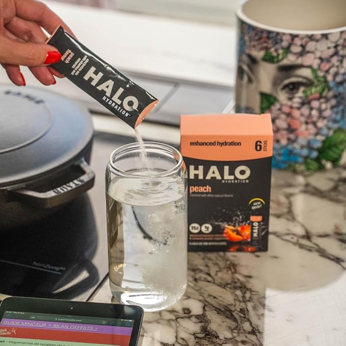 HALO Hydration - Electrolyte Drink Mix | Hydration Powder Packets | Peach Flavor– For Sports and Cycling | Easy Open Single Serving Stick | 12 Sticks