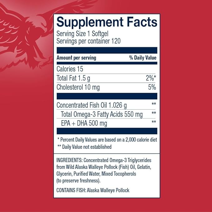 Preferred Triglyceride Omega-3 Fish Oil for Heart Health Support - Wild-Caught Alaskan Walleye Pollock - American-Sourced, American-Made - Non-GMO, Gluten-Free & Dairy-Free - 120 Softgels