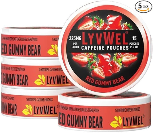 225mg Caffeine Energy Pouches | Nootropic Focus & Neuro Support | Tobacco-Free, Nicotine-Free, Quick Energy Solution | 5-Pack: 60 Pouches (5 Pack, Red Gummy Bear)