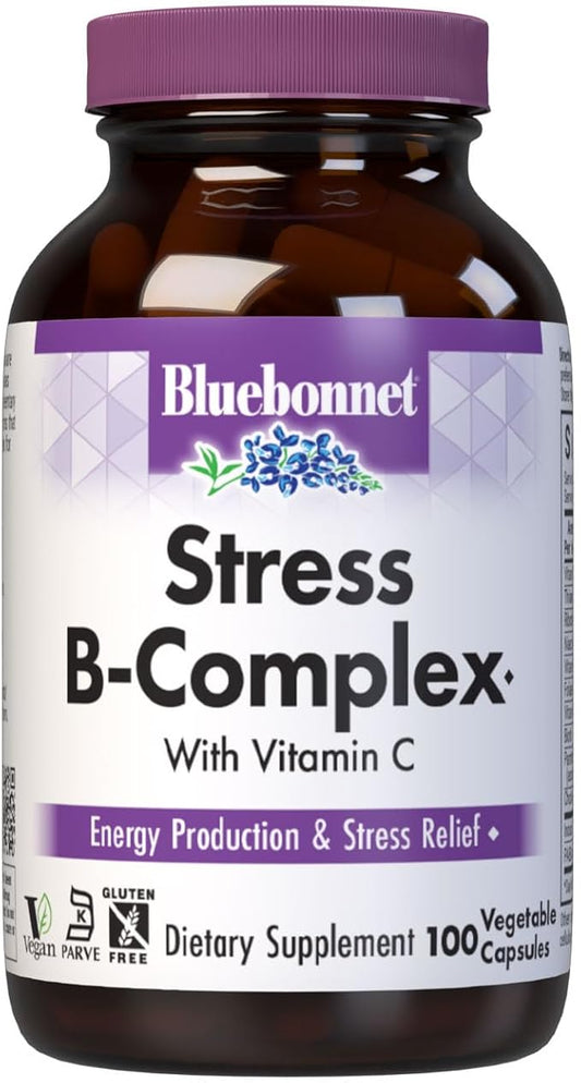Bluebonnet Nutrition Stress Relief B Complex Vegetable Capsules, Vitamin B6, B12, Biotin, Folate, Vegan, Gluten & Soy & Milk Free, Kosher, Unflavored, 100 Count