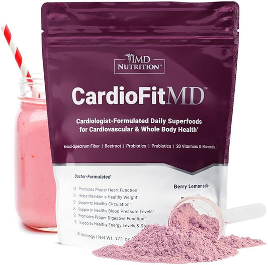 1MD Nutrition CardioFitMD - Vegan Beets Superfood Keto-Friendly Heart Health Powder - Nitric Oxide Supplement - Beet Root Powder for Healthy Blood Pressure & Circulation - High Fiber Drink - 30 Days