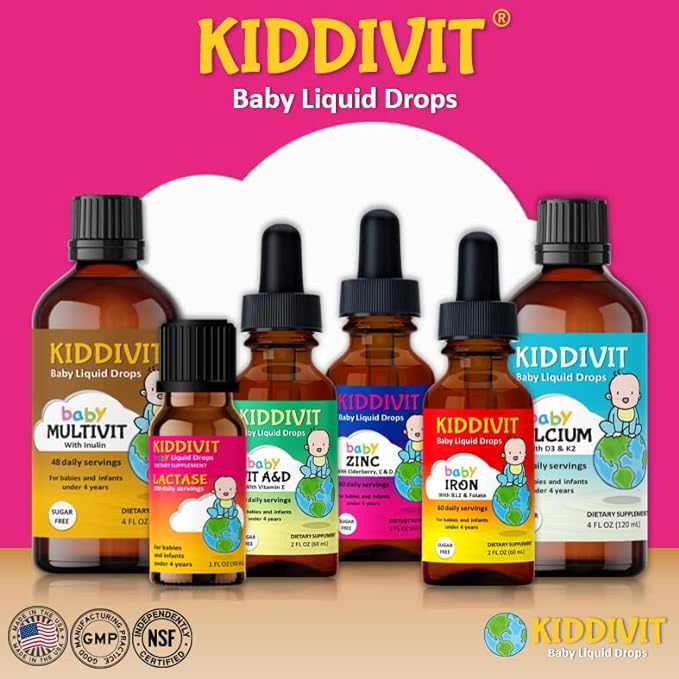 Kiddivit Baby Iron Liquid Drops with Vitamin B12 & Folate - 60 Daily Servings, 2 Fl Oz (60 mL) - Inulin Fortified (Prebiotic, Dietary Fiber) - Sugar Free, Gluten Free, Vegetarian Friendly