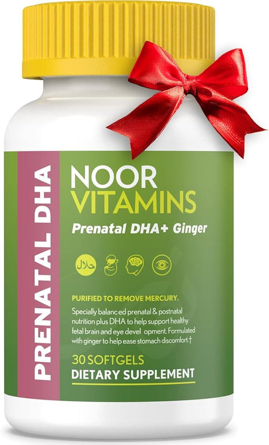 Noor Vitamins Halal Prenatal Vitamins with DHA and Folic Acid, Essential Vitamins, Ginger to Soothe Mom's Stomach, Iron, Softgels, Prenatal Vitamin Before/During/Post Pregnancy (1 Month Supply)