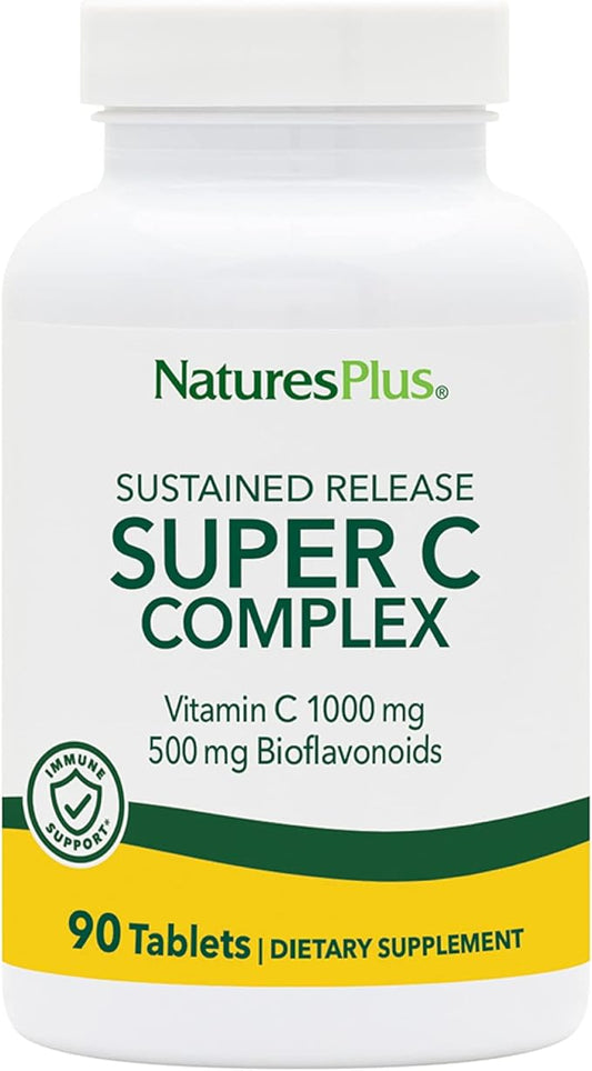 NaturesPlus Super C Complex, Sustained Release - 1000 mg, 90 Vegetarian Tablets - High Potency Immune Support Supplement, Antioxidant - Enhanced Absorption - Gluten-Free - 90 Servings