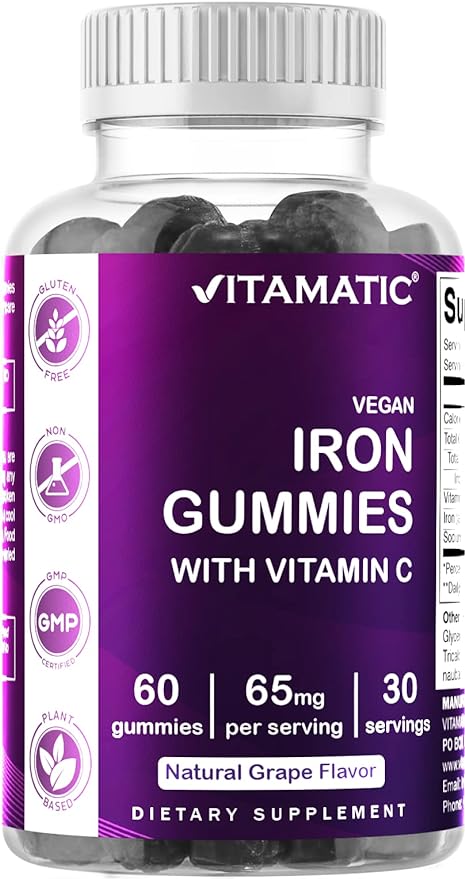 Vitamatic Iron 65 mg Gummies Supplement for Women & Men - 60 Vegan Gummies - Great Tasting Iron Gummy Vitamins with Vitamin C (1)