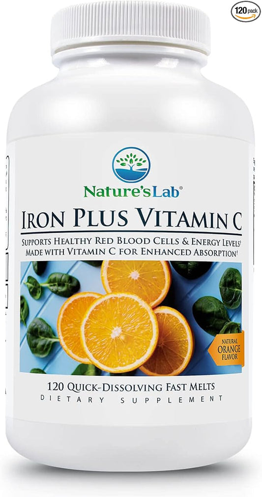 Nature's Lab Iron Plus Vitamin C Fast Melt Tablets - Gentle on the Stomach Carbonyl Iron, High Absorption for Healthy Red Blood Cells* - 120 Tablets