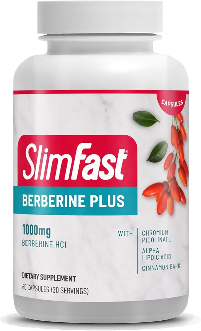 SlimFast Berberine Plus Capsules, Berberine Supplement, with Berberine hcl, Chromium Picolinate, Alpha Lipoic Acid, and Cinnamon Bark, 60 Count, 30 Servings